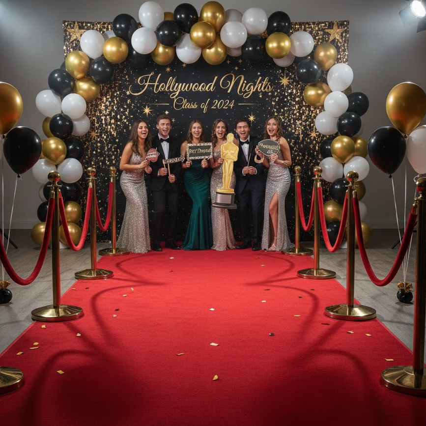 High school students posing on a Hollywood-style red carpet with gold balloons and camera flashes.