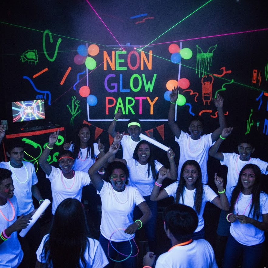 Teenagers at a neon glow party with glow sticks, bright lights, and colorful outfits.