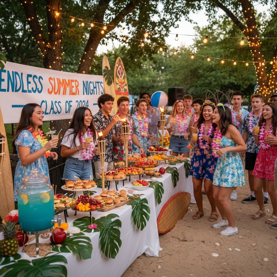 Tropical luau-style high school party with palm decor, surfboards, and friends in Hawaiian shirts.