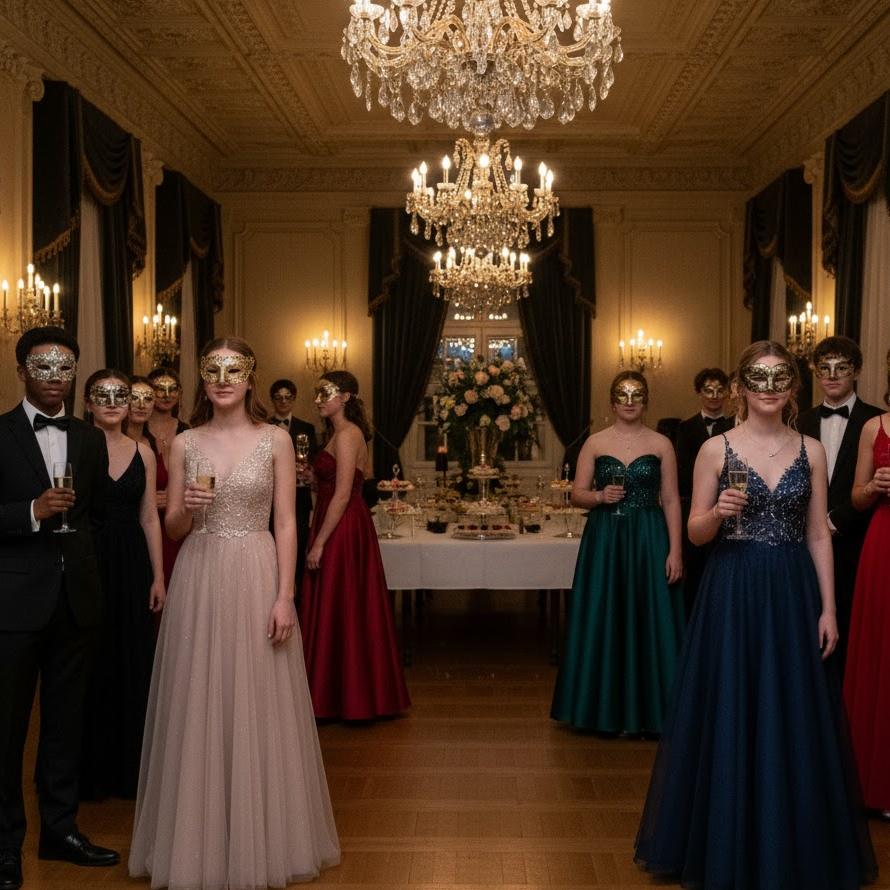 High school masquerade party with elegant masks, candlelight, and formal decor.