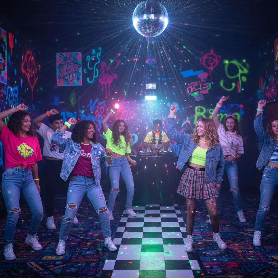 Retro 80s and 90s themed high school party with vintage fashion and colorful lights.