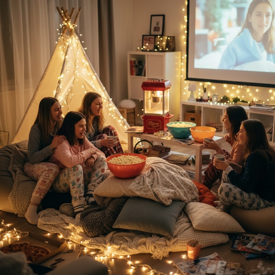 High school pajama party with friends in pajamas sitting under fairy lights with popcorn.