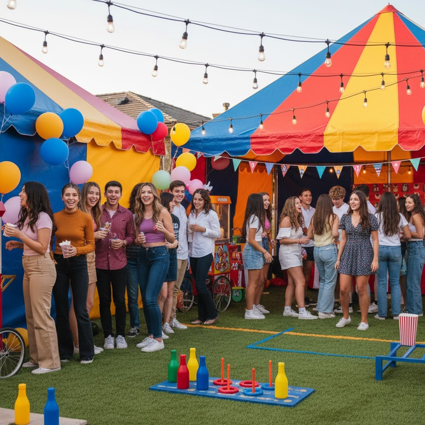 High school carnival theme party with games, popcorn, balloons, and outdoor fun.