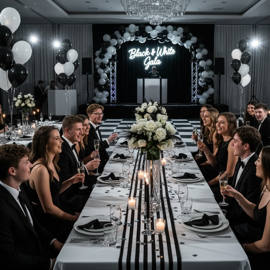 High school black and white theme party with formal decor and stylish monochrome outfits.