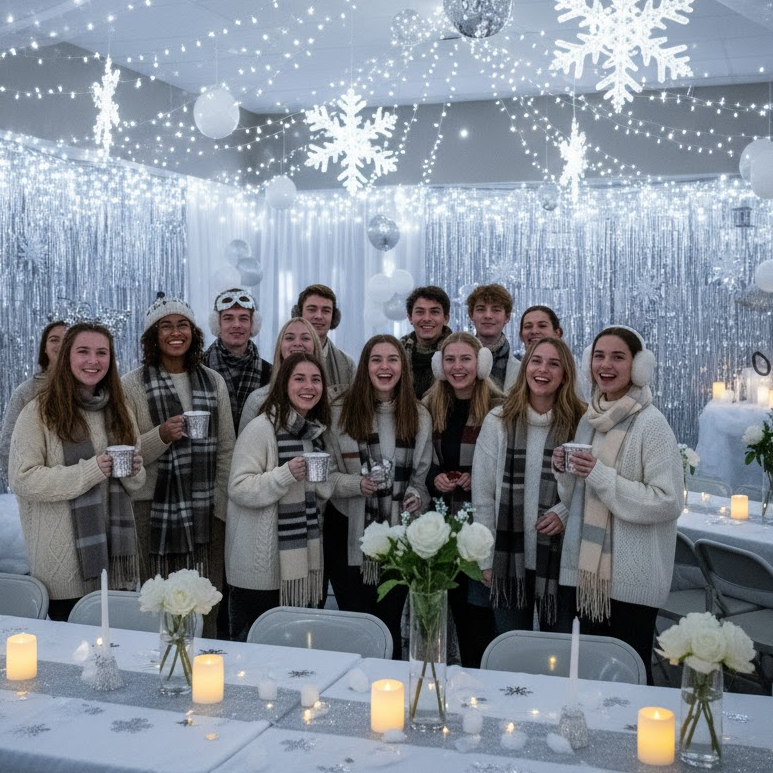 High school winter wonderland theme party with silver and white snowflake decorations and twinkling lights.