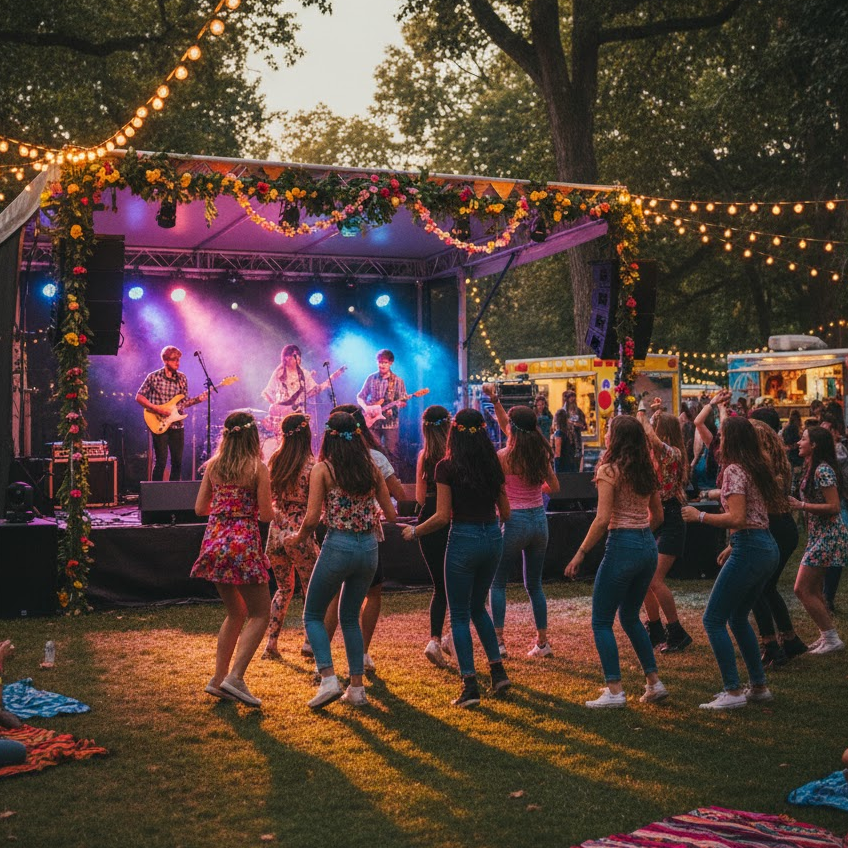 Outdoor music festival themed high school party with stage, lights, and teens dancing.