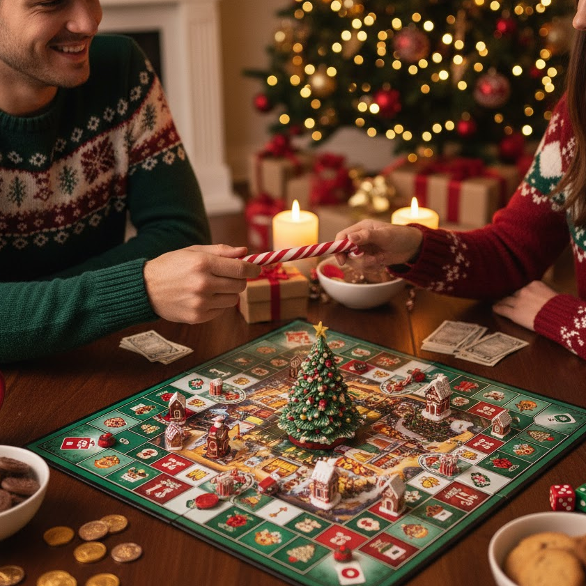 Family playing Christmas themed Monopoly board game surrounded by holiday decor and lights