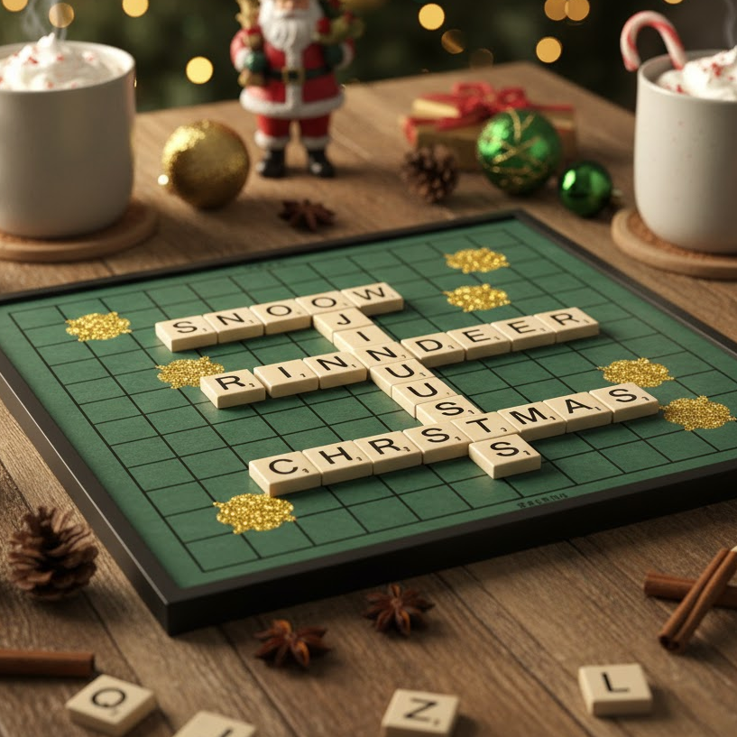 Close up of Christmas themed Scrabble board with holiday words and festive decorations