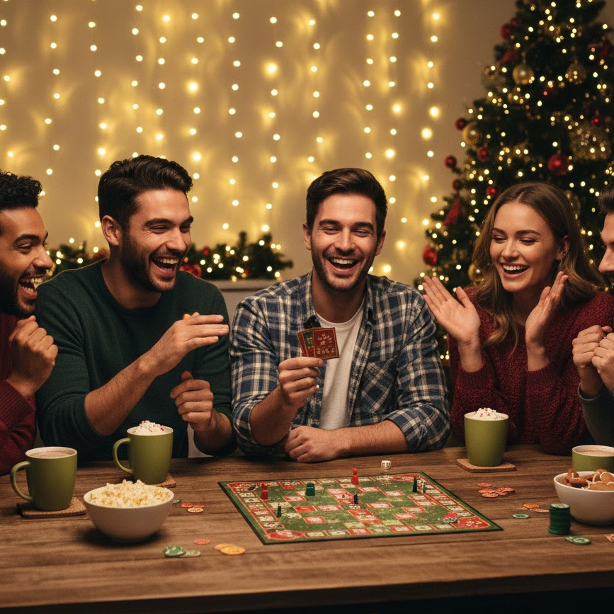 People playing Christmas trivia game with festive lights and holiday treats on table