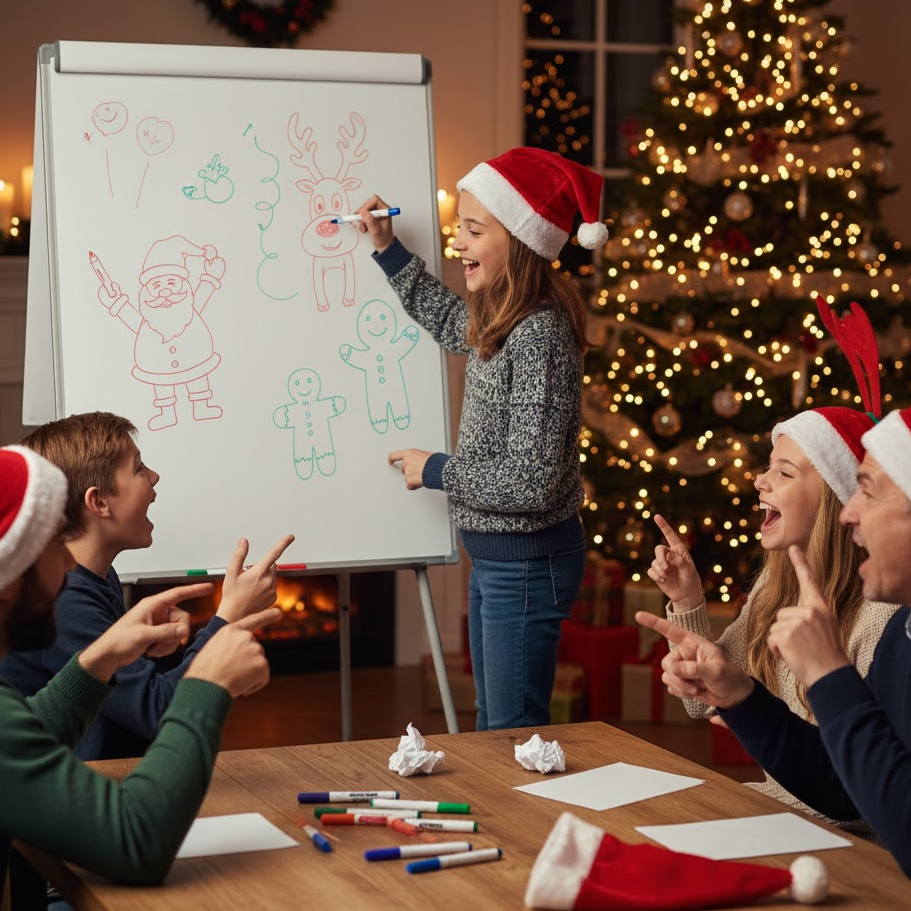 Family playing Christmas Pictionary drawing game with holiday decorations and Santa hats