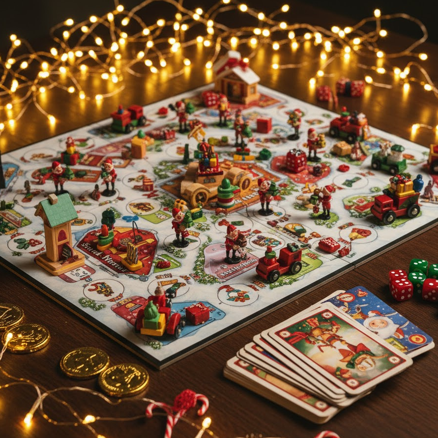 Santa’s Workshop themed board game with toy pieces and Christmas lights on wooden table