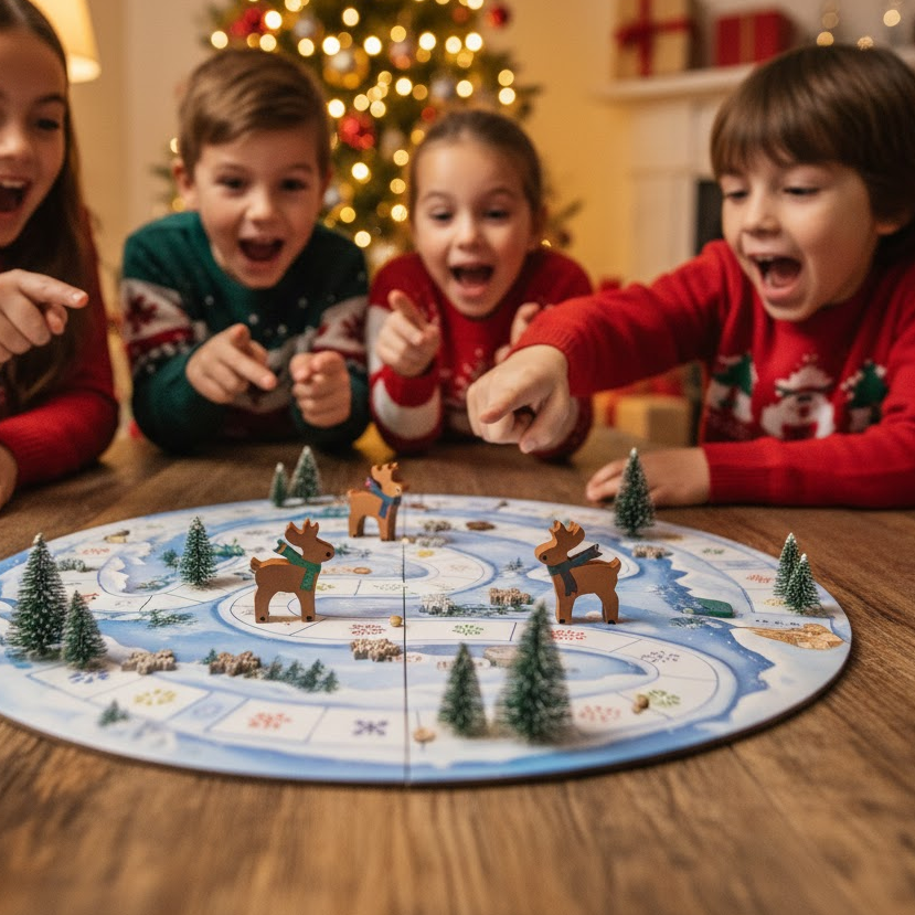 Children playing reindeer racing board game on Christmas themed board with holiday cheer