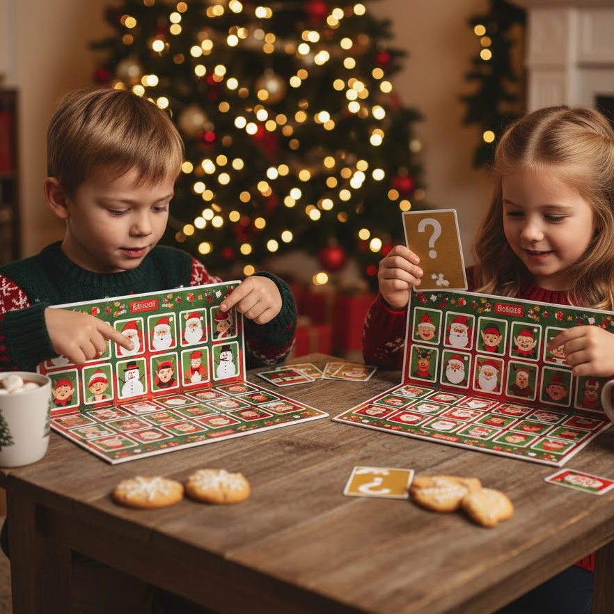 Children playing Christmas Guess Who board game with festive character cards and laughter