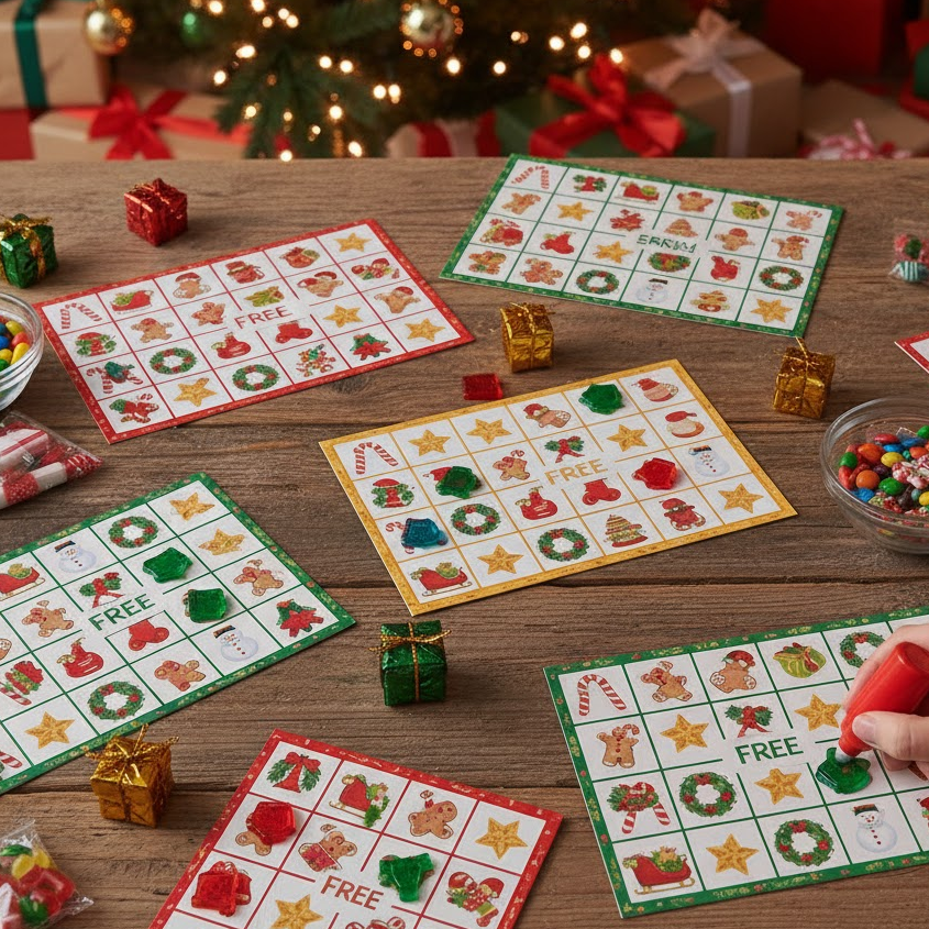 Christmas Bingo board game with festive symbols and candy prizes on holiday table
