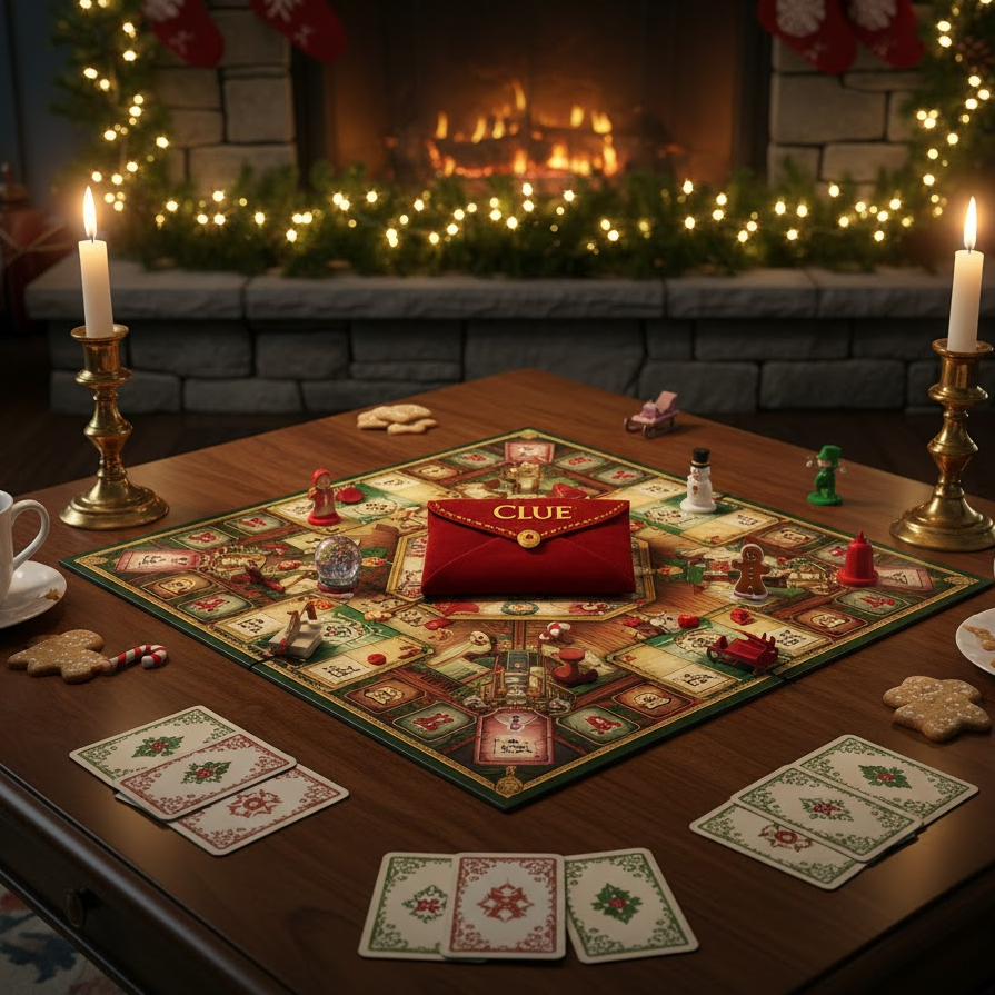 Christmas Clue board game with mystery cards and holiday decorations in cozy room