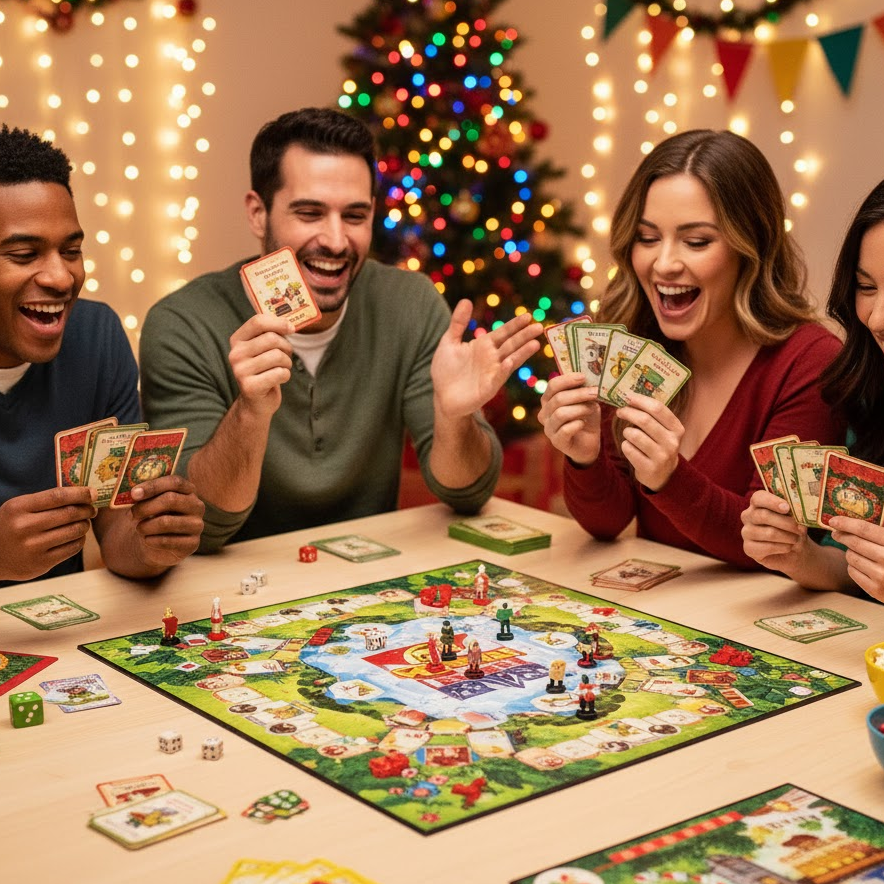 Family playing Elfopoly Christmas board game with cheerful decorations and holiday lights