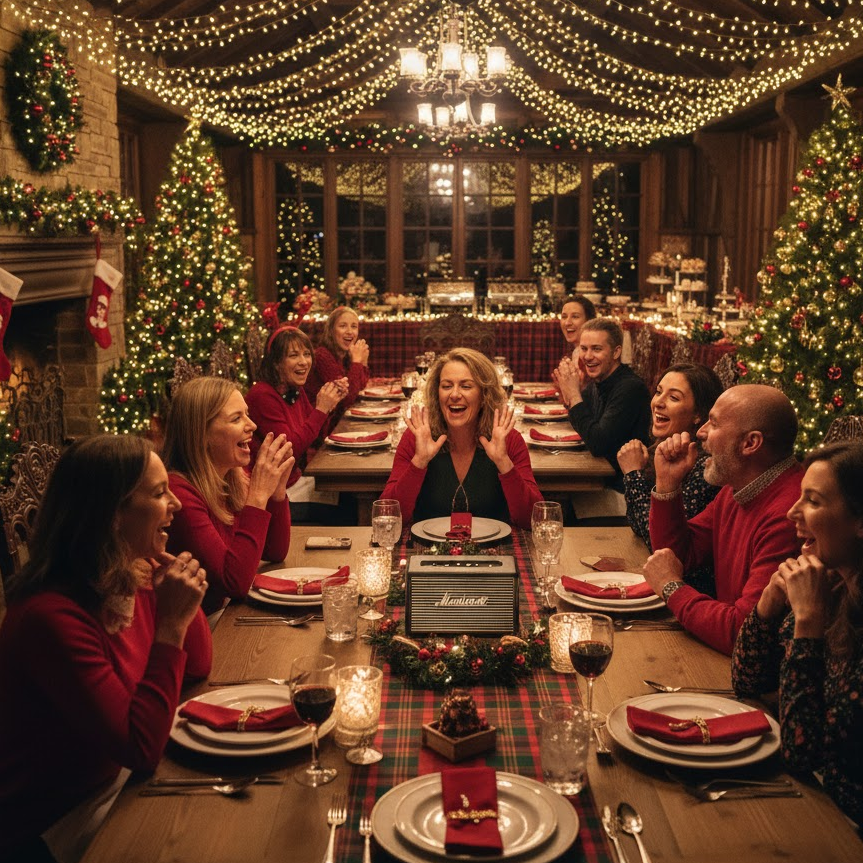 Guests playing Guess the Christmas Carol at a Christmas banquet surrounded by festive lights and decorations.