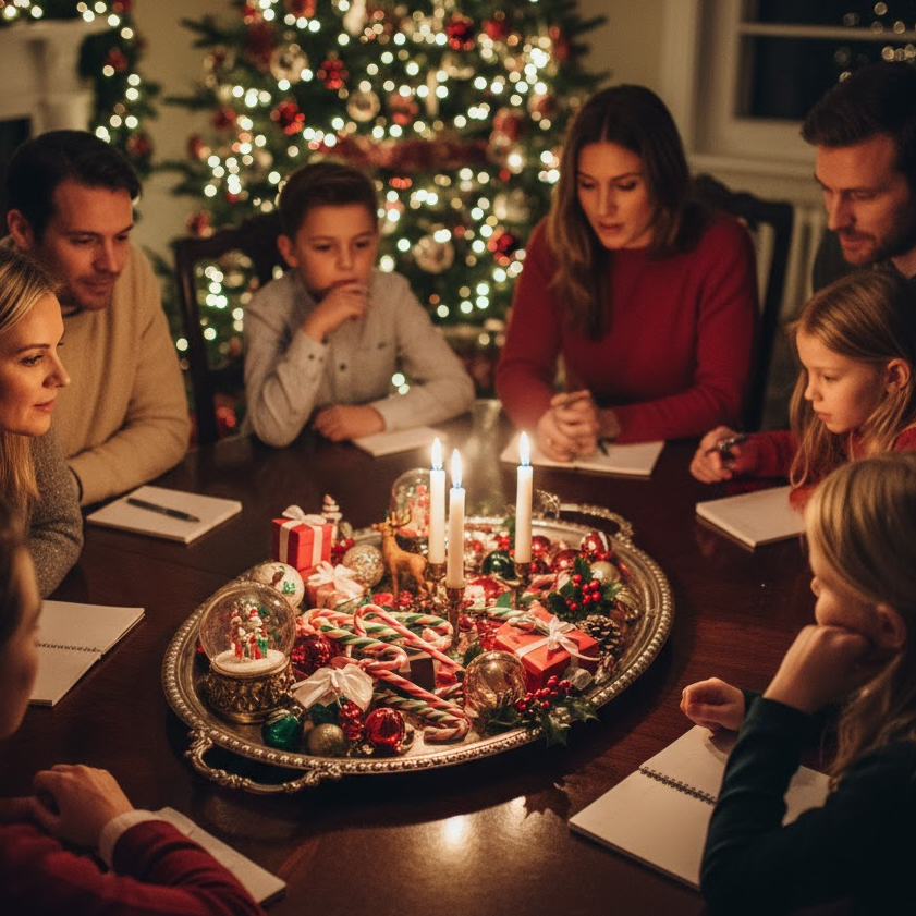 Christmas Memory Tray game setup with ornaments and candy canes at a festive banquet table.