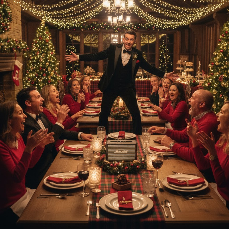 Guests enjoying a lively game of Holiday Charades at a Christmas banquet celebration.