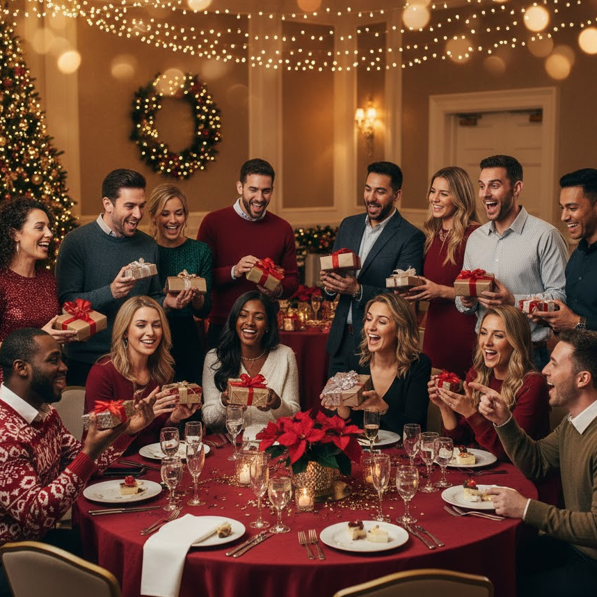 Guests exchanging gifts and guessing their Secret Santa at a festive Christmas banquet.