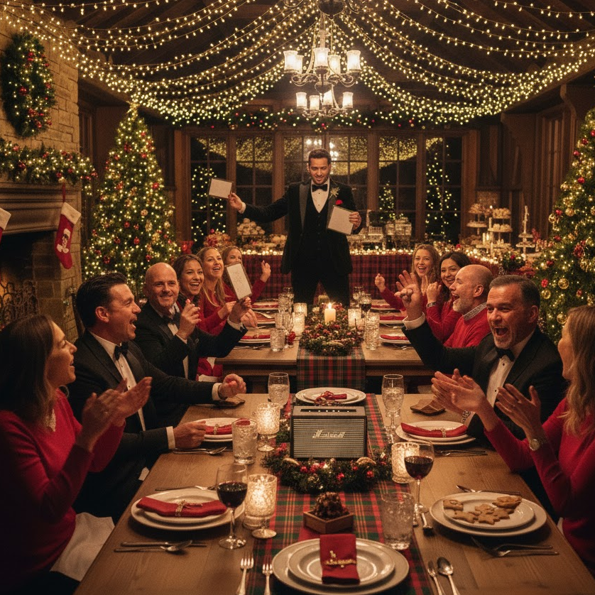Guests playing Christmas Table Trivia at a banquet surrounded by holiday decorations.