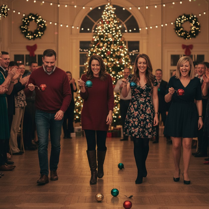 People playing the Ornament Balance Challenge game at a Christmas banquet event.