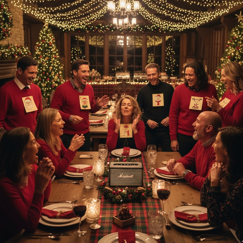Guests playing Christmas Guess Who with character cards at a cheerful banquet.