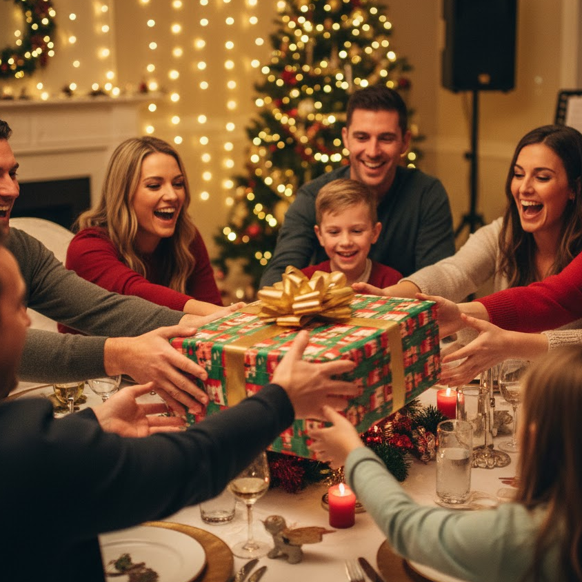 Guests enjoying the Pass the Gift game during a Christmas banquet celebration.