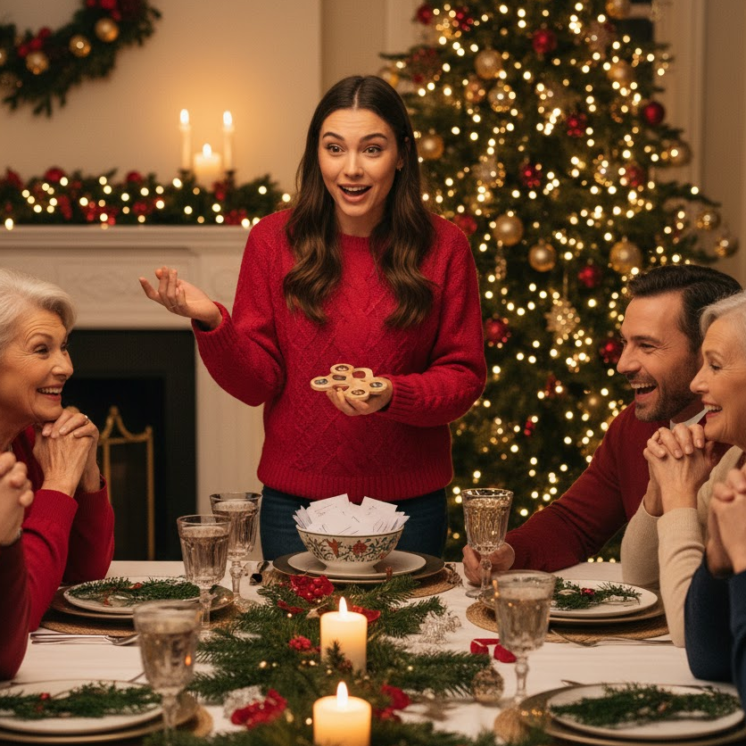 Guest sharing Christmas memories during the Speech Spinner game at a banquet.