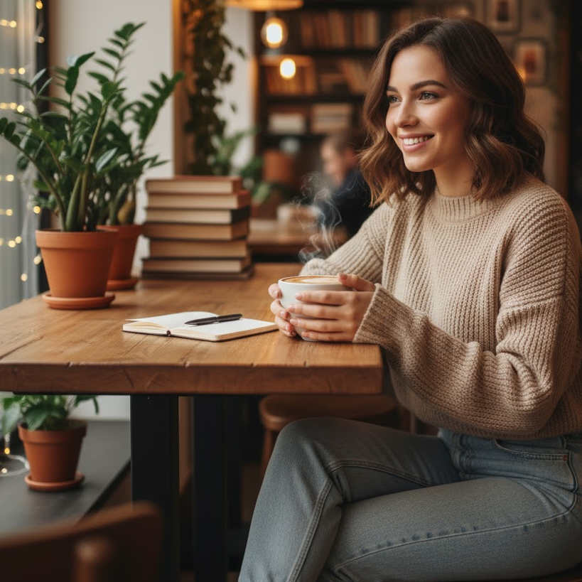 Woman wearing jeans and sweater at a coffee shop for a casual first date look.