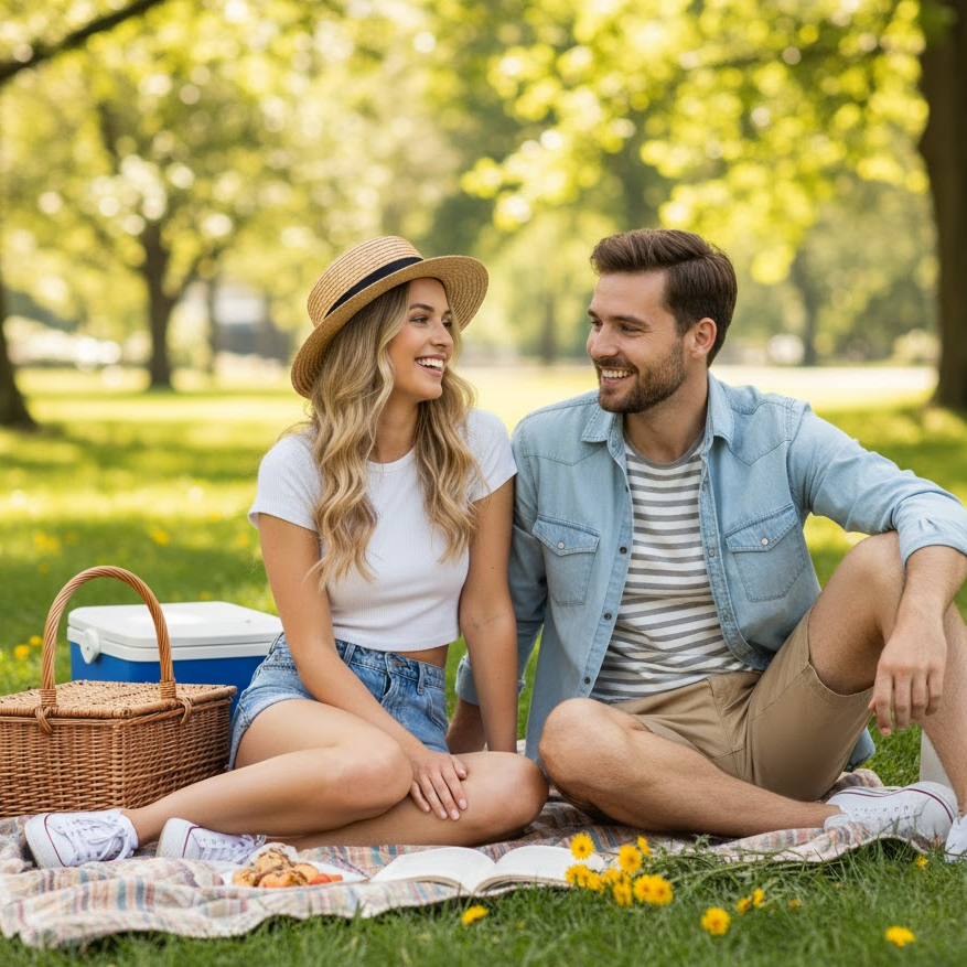 Woman in casual outdoor outfit with shorts and crop top during a picnic first date.