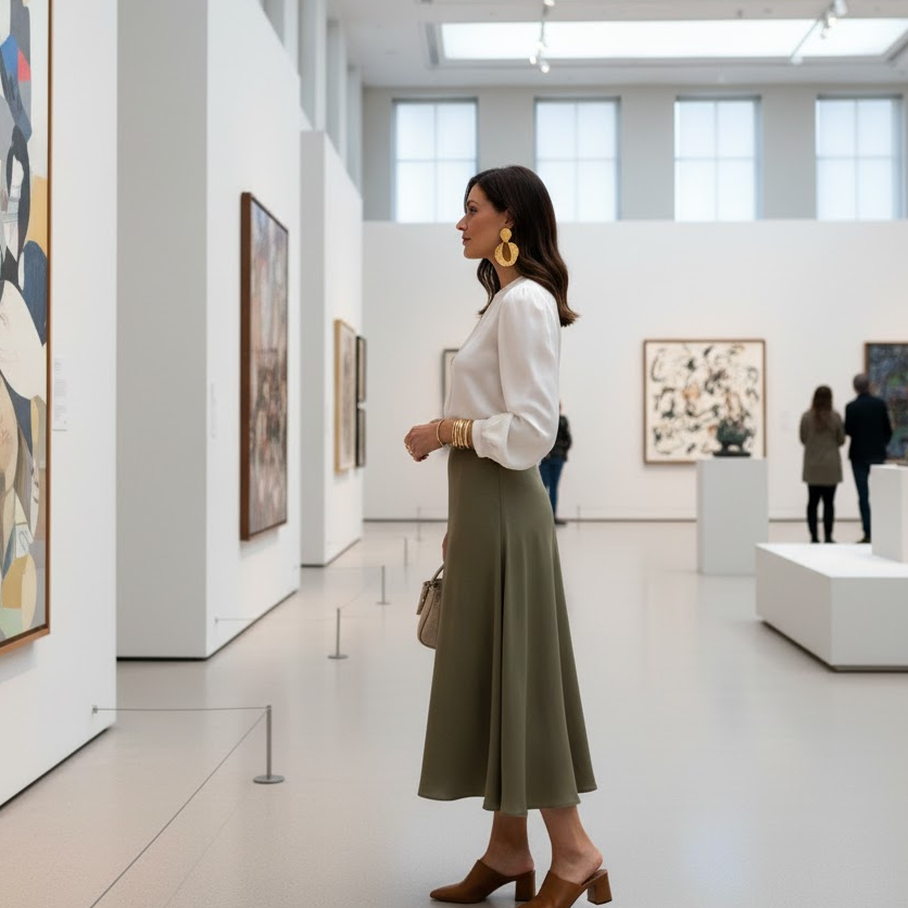 Stylish art gallery first date outfit featuring skirt and blouse combination.