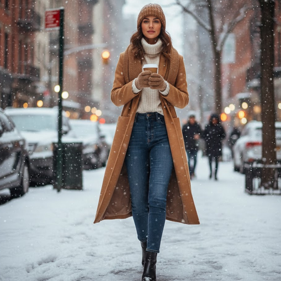 Warm winter first date outfit with long coat and boots in a cozy outdoor setting.