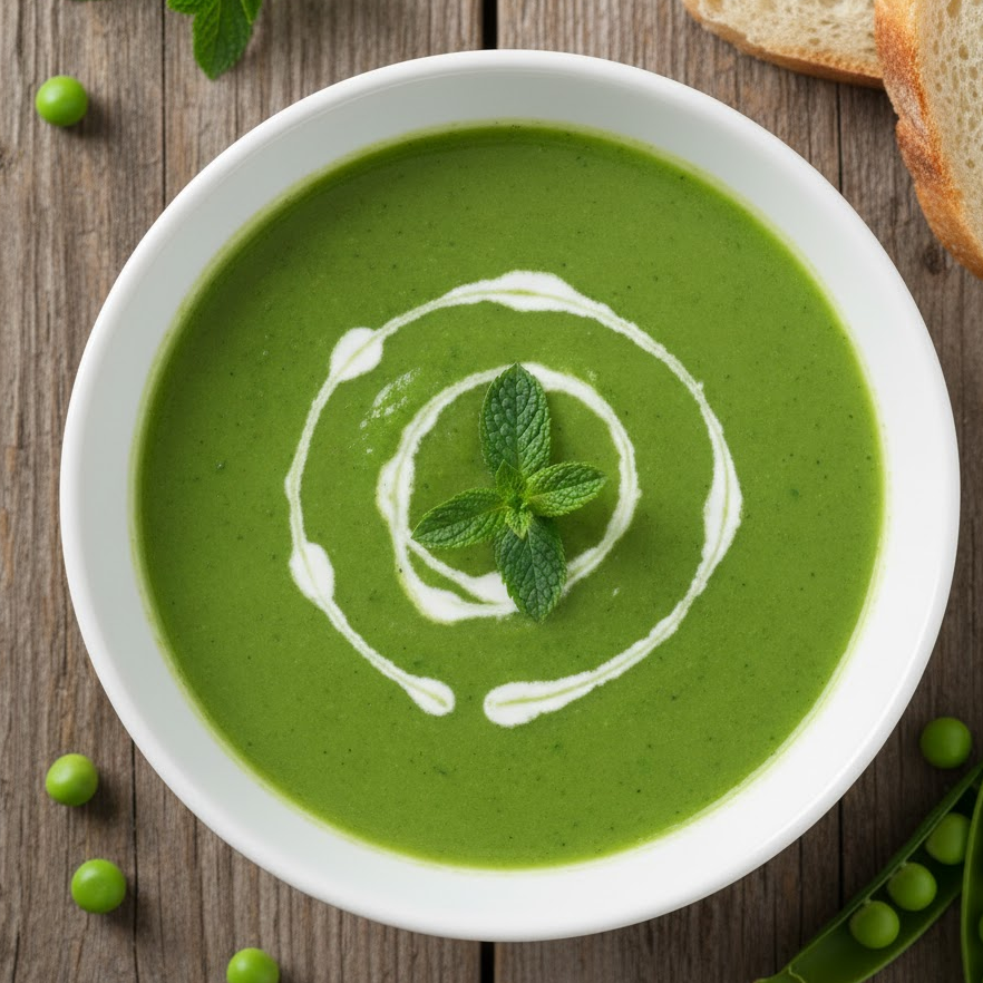 Creamy pea soup with mint garnish and swirl of cream in a white bowl.