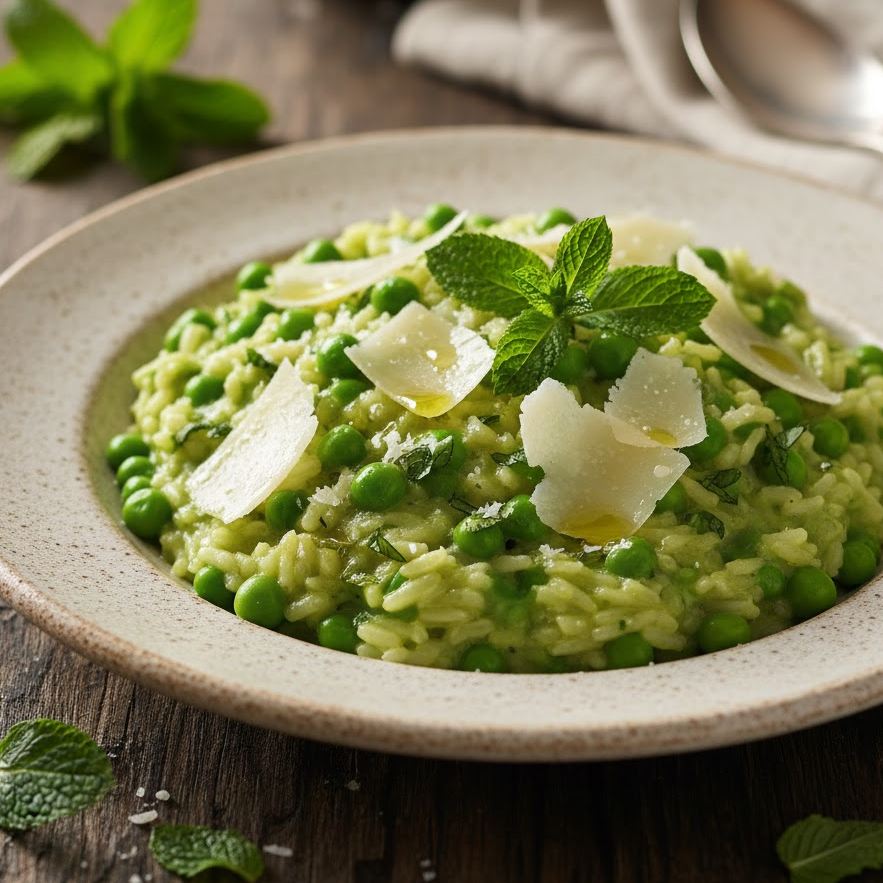 Pea and mint risotto topped with parmesan and mint on rustic plate.