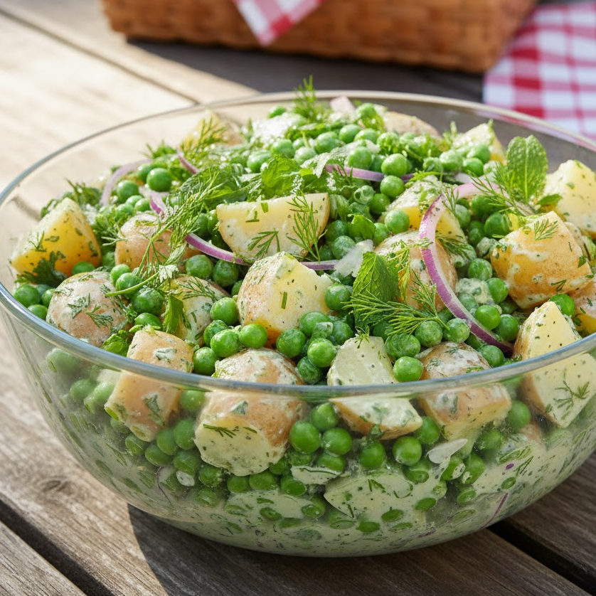 Pea and potato salad with creamy dressing, red onions, and herbs.