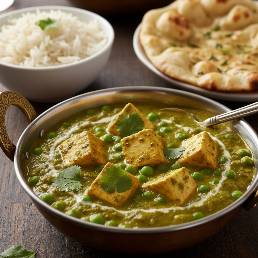 Pea and paneer curry with naan and rice in Indian-style setup.