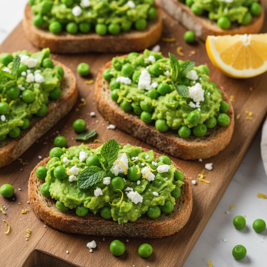 Pea and feta toast topped with mint leaves and lemon zest on wooden board.