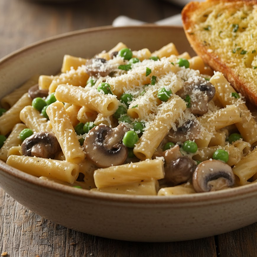 Creamy pasta with peas and mushrooms topped with parmesan cheese.