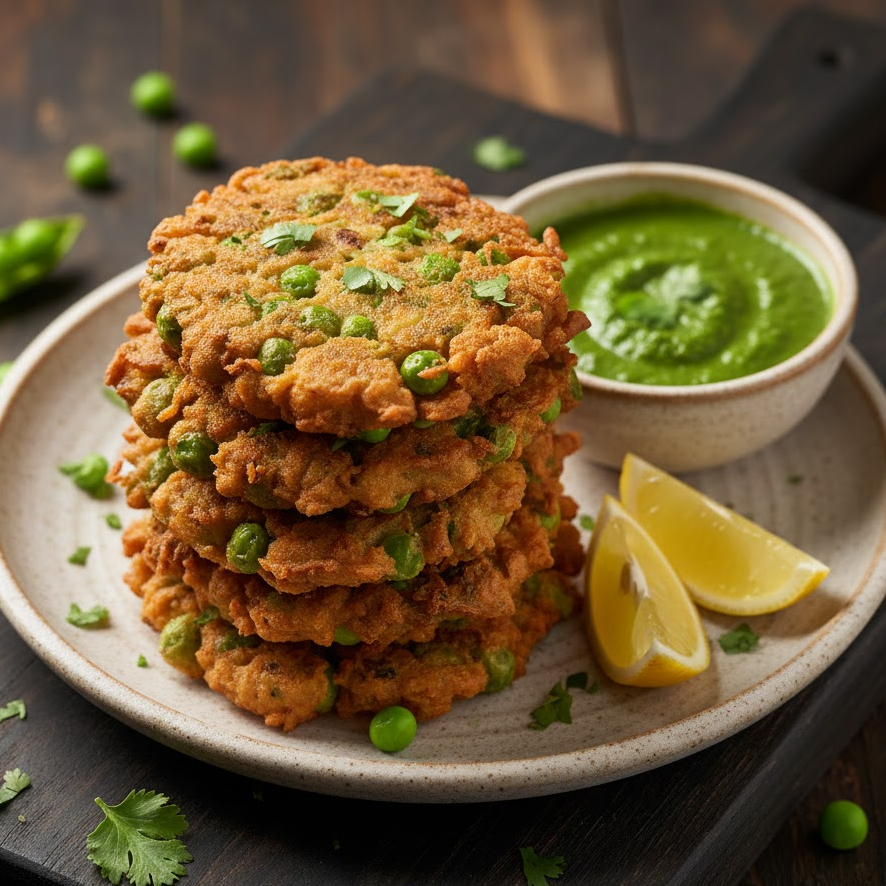 Golden pea fritters served with green chutney and lemon wedges.