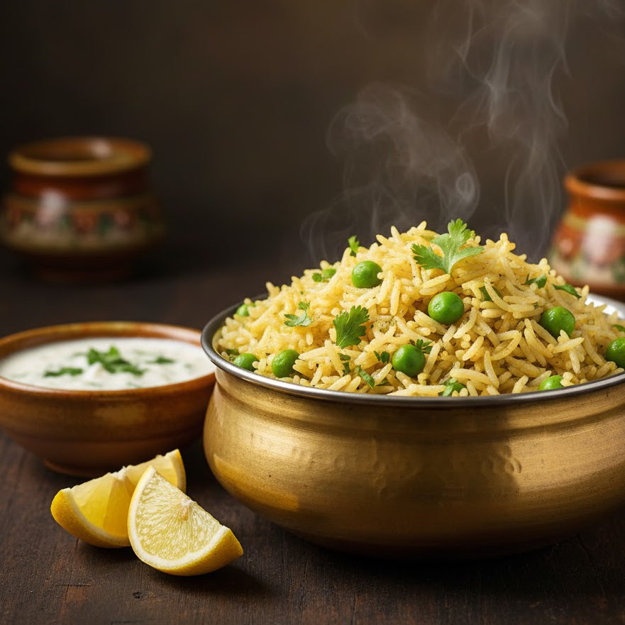 Fragrant green pea pulao served in brass bowl with yogurt raita.