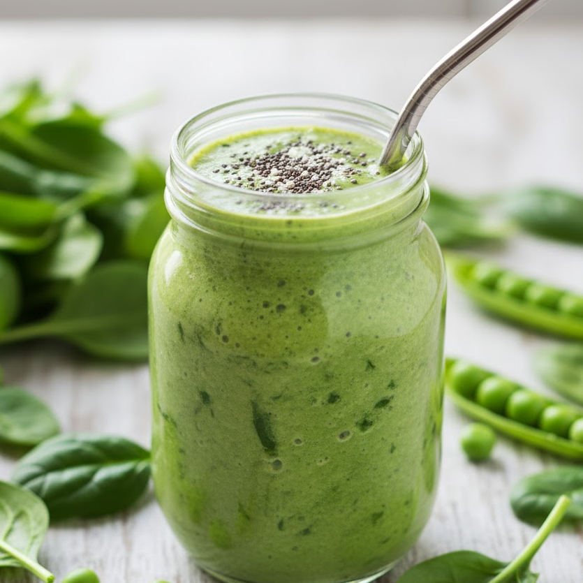 Green pea and spinach smoothie topped with chia seeds in glass jar.