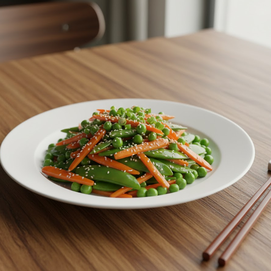 Served plate of pea and carrot stir fry with sesame seeds and green onions on a wooden table.