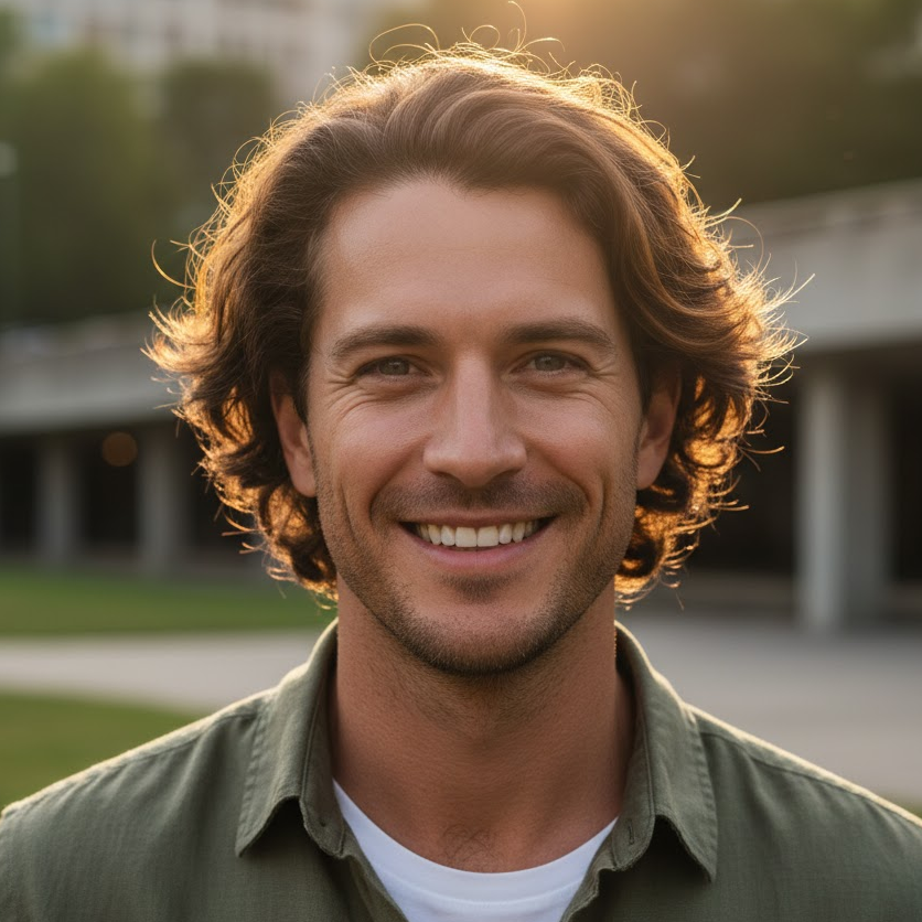 Man with wavy brown hair and subtle caramel highlights standing in sunlight with a natural confident look.