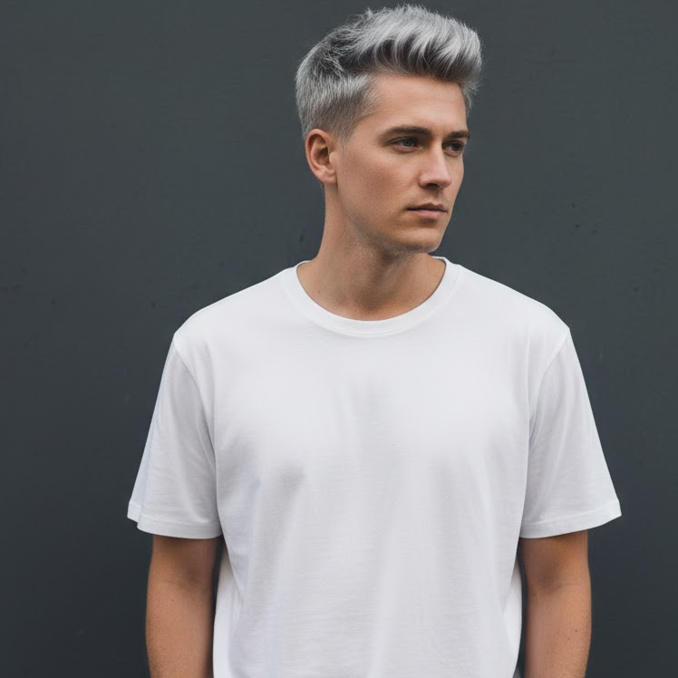 Man with short ash blonde hair in a textured style posing against a gray background.