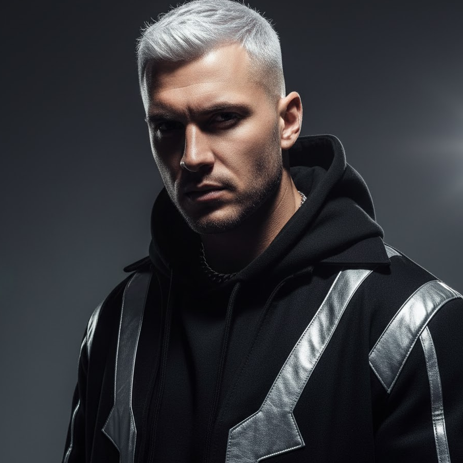 Man with platinum silver hair and faded haircut posing confidently in a studio setting.