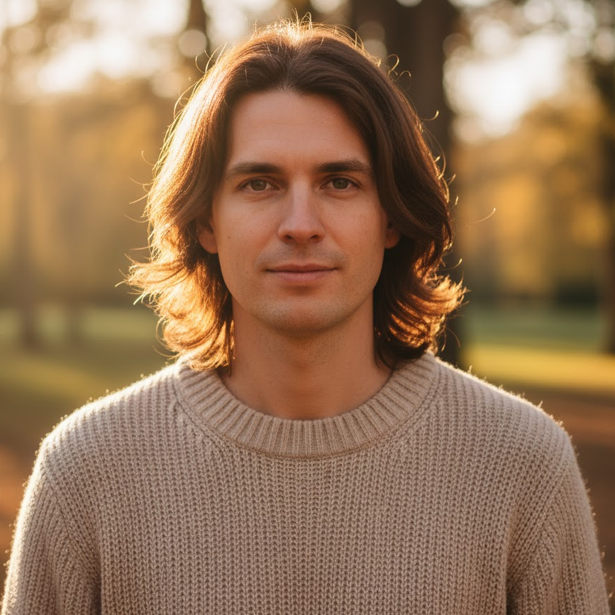 Man with chestnut brown wavy hair glowing under sunlight in a casual outdoor portrait.