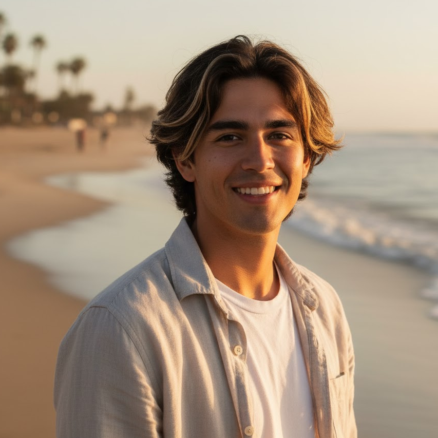 Man with dark hair and blonde highlights smiling outdoors in warm sunlight.