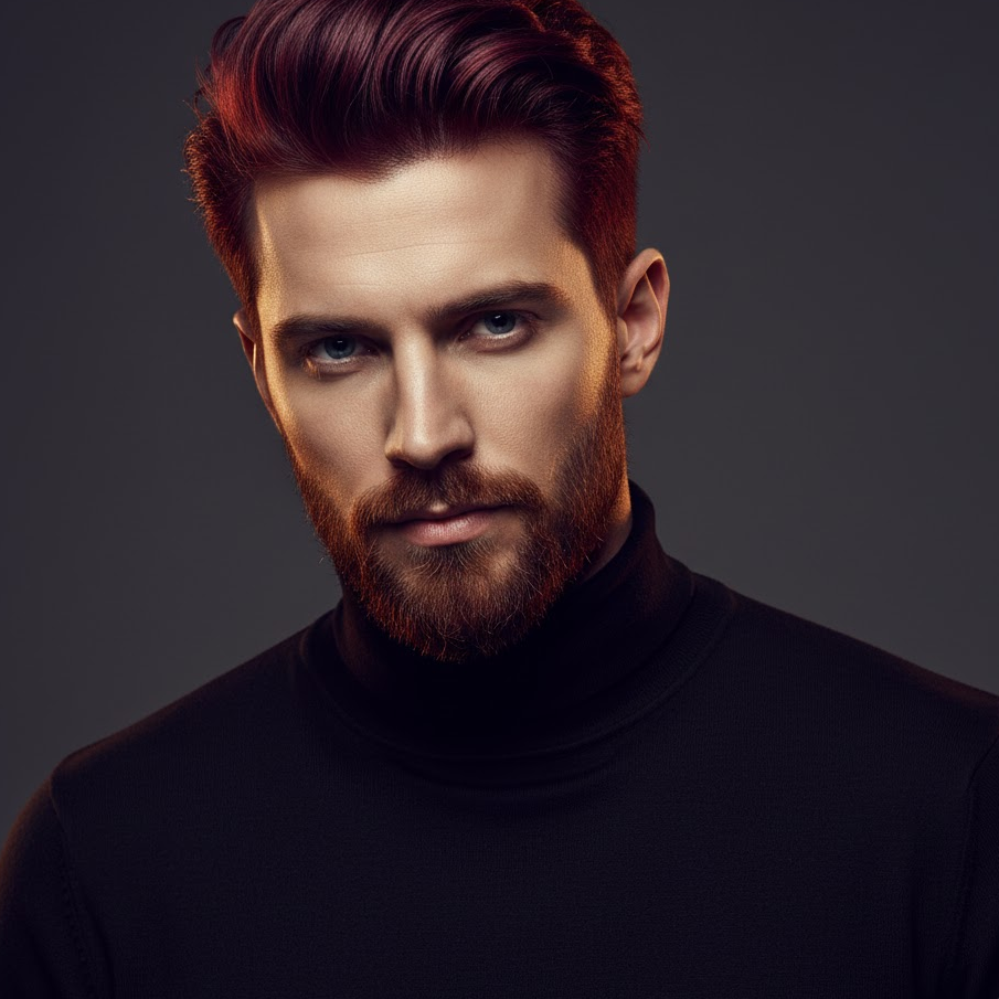 Man with burgundy hair and beard posing in studio lighting highlighting deep red hues.