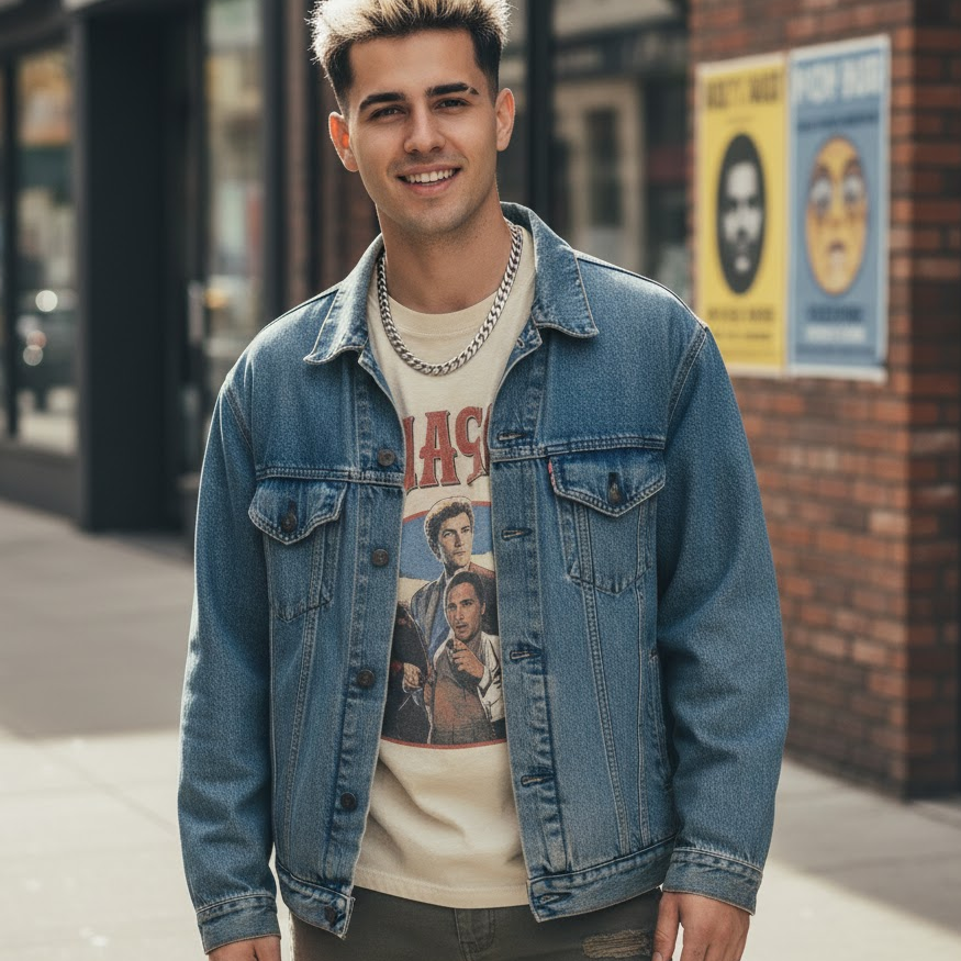 Man with spiky short hair and blonde frosted tips smiling in daylight.